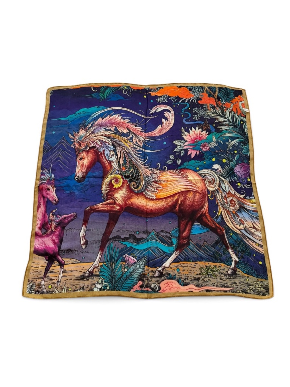100% Mulberry Silk Square Scarf 26” Equestrian Horse Floral Art Print - Picture 2 of 8